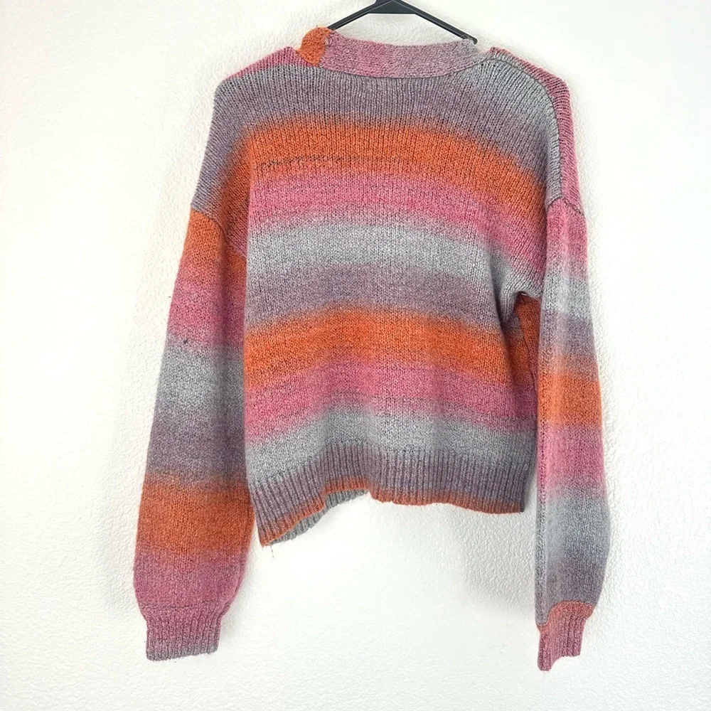 Margeaux and Ellie Cardigan Sweater Womens S Gray Orange Button Front V-Neck Top